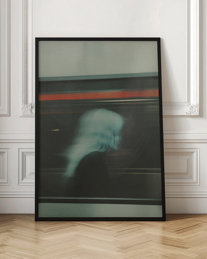 An abstract photograph with motion blur, featuring the ghostly silhouette of a person's head and shoulders in pale blue. The dark background is streaked with horizontal lines of red and white light, suggesting the speed of a passing train or subway. Wall Art