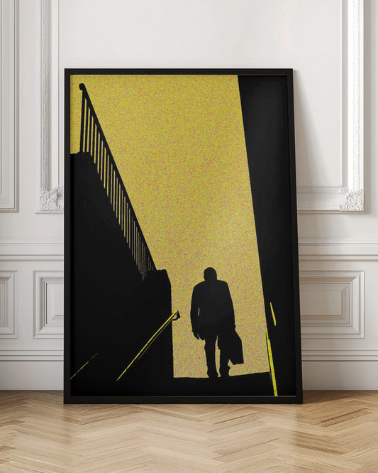 A high-contrast graphic poster featuring the black silhouette of a man walking down a flight of stairs. He is moving from a bright, speckled yellow background into a dark foreground. To the left is the stark silhouette of another staircase and railing, creating a dramatic, mysterious, film noir-style scene. Print