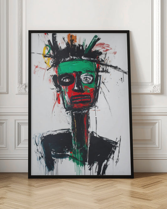 An abstract neo-expressionist portrait of a figure with a green and red face, wide, frantic eyes, and spiky black hair against a stark white background, painted with raw, energetic brushstrokes. Artwork