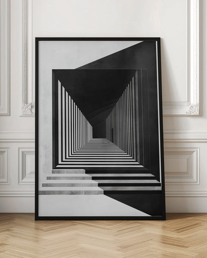 A stark black and white architectural illustration of a seemingly infinite corridor. Strong perspective lines are created by alternating black and white stripes on the walls and floor, creating a powerful optical illusion. Concrete steps lead into the scene from the foreground, and a faint, solitary figure stands in the distant shadows. Wall Art