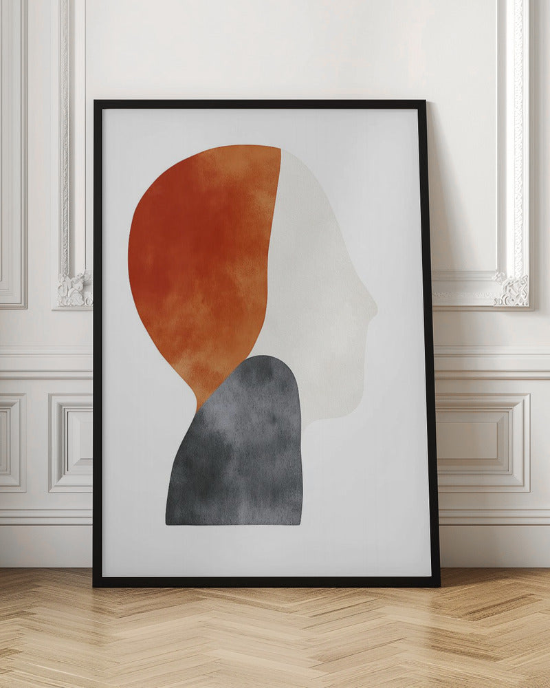 A minimalist abstract painting of a human silhouette in profile, framed in black. The artwork uses three overlapping organic shapes with a watercolor texture: a burnt orange shape for the back of the head, a dark grey shape for the shoulders, and an off-white shape for the face, all on a white background. Artwork