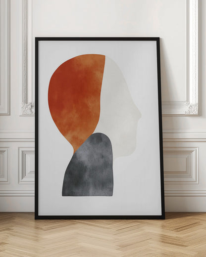 A minimalist abstract painting of a human silhouette in profile, framed in black. The artwork uses three overlapping organic shapes with a watercolor texture: a burnt orange shape for the back of the head, a dark grey shape for the shoulders, and an off-white shape for the face, all on a white background. Artwork