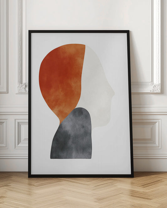 A minimalist abstract painting of a human silhouette in profile, framed in black. The artwork uses three overlapping organic shapes with a watercolor texture: a burnt orange shape for the back of the head, a dark grey shape for the shoulders, and an off-white shape for the face, all on a white background. Artwork