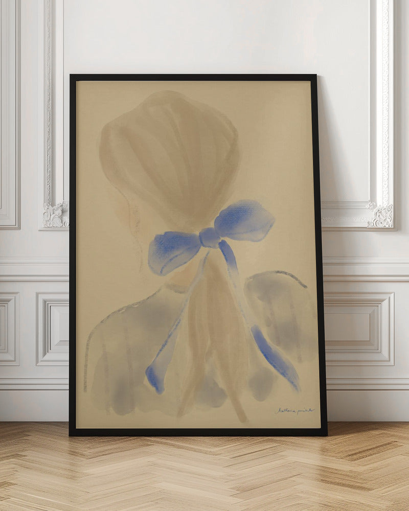 A soft, impressionistic painting of the back of a person's head and shoulders against a warm beige background. Their light brown hair is gathered, and a prominent, vibrant blue bow is tied at the back of their neck, with long ribbons trailing down. The style is painterly and minimalist, with soft, blended brushstrokes. Poster