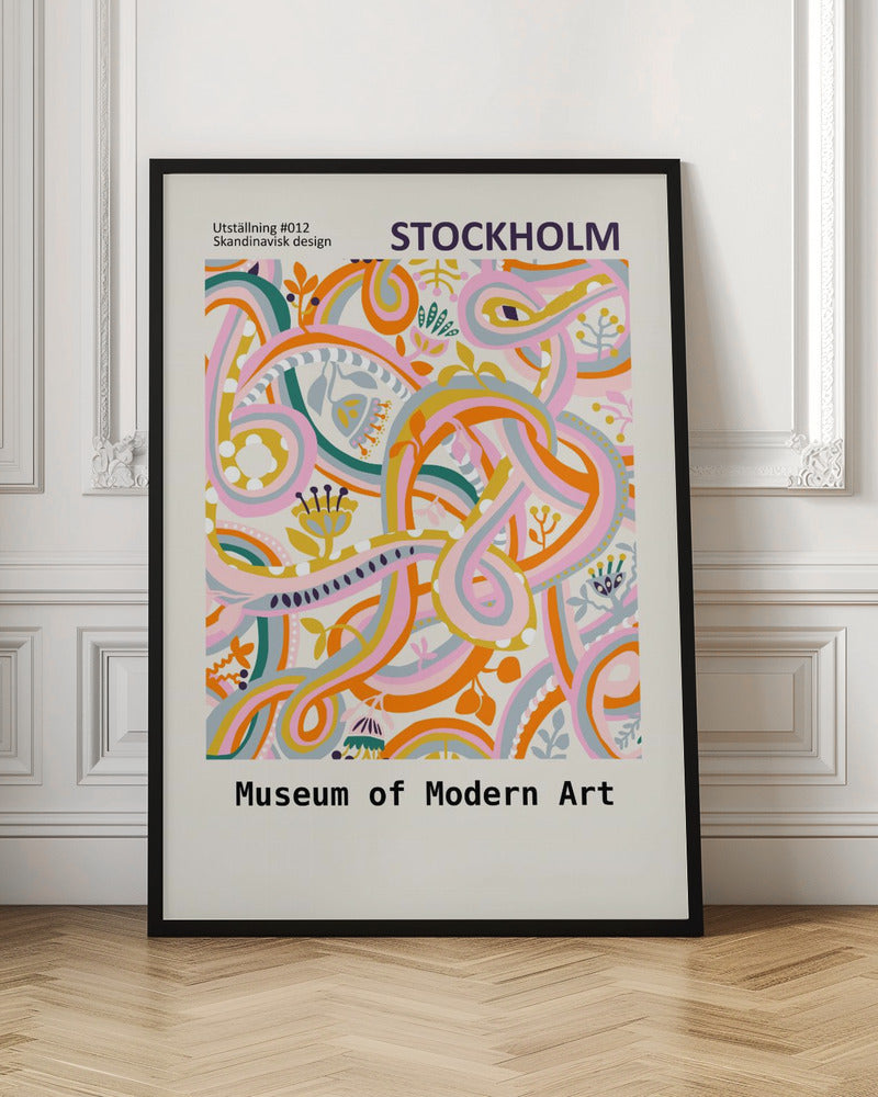 A Scandinavian design poster for the Stockholm Museum of Modern Art. The artwork features a vibrant and complex abstract pattern with intertwining ribbons and stylized floral elements in shades of pink, orange, yellow, teal, and light blue on a cream background. The poster is framed in black. Artwork