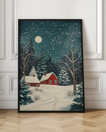 A stylized art print of a serene winter night scene, featuring two red cabins with snow-covered roofs nestled in a dark evergreen forest. A large, pale moon hangs in the dark teal sky as snowflakes fall, blanketing the landscape and bare trees in white. Decor