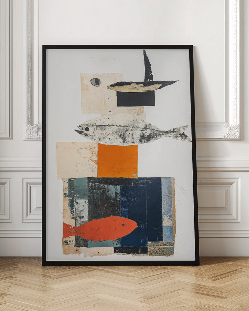 A vertical abstract collage in a black frame, featuring layered geometric shapes in white, beige, orange, and dark blue. The composition includes three fish illustrations: a black and white fish in the middle, a bright orange-red fish at the bottom, and a black abstract shape resembling a boat or bird at the top. Artwork