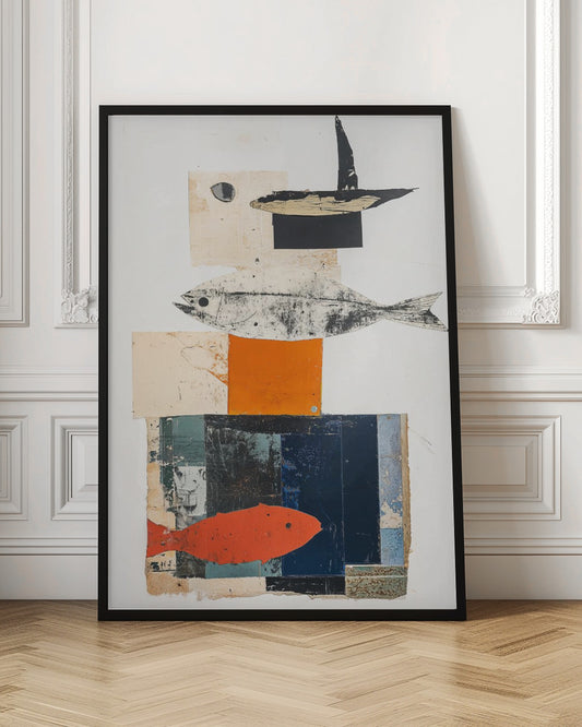 A vertical abstract collage in a black frame, featuring layered geometric shapes in white, beige, orange, and dark blue. The composition includes three fish illustrations: a black and white fish in the middle, a bright orange-red fish at the bottom, and a black abstract shape resembling a boat or bird at the top. Artwork