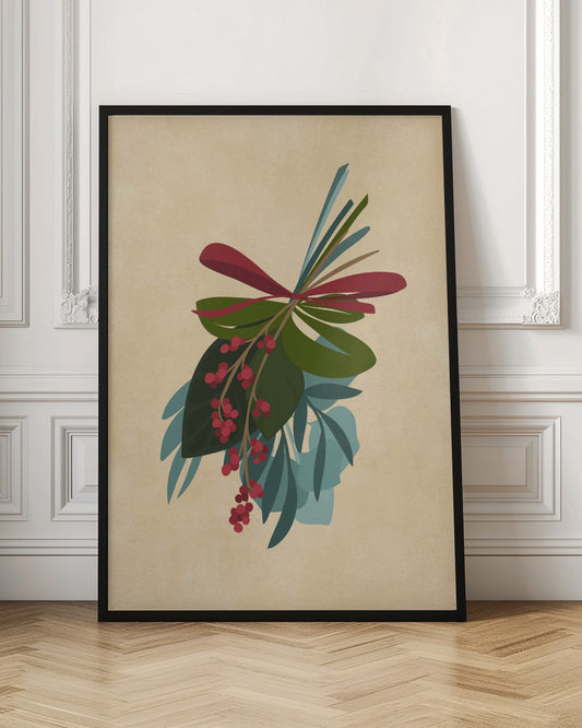 A framed illustration of a festive botanical sprig against a textured beige background. The sprig features green and teal leaves, dangling clusters of red berries, and is tied together with a red ribbon. Decor