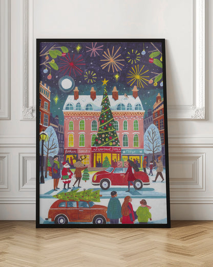 A whimsical illustration of a bustling city street at night during winter. The scene is festive, with a large decorated Christmas tree in front of a pink department store, fireworks lighting up the dark sky, and snow-covered streets filled with people, cars, Santa Claus, and a reindeer. Print
