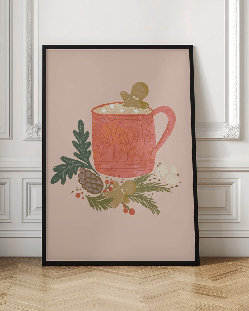 A charming holiday illustration of a red mug filled with hot chocolate and marshmallows, with a gingerbread man cookie peeking out. The mug sits on a bed of pine branches, a pinecone, and red berries, with another gingerbread man lying nearby, all against a solid light pink background. Wall Art