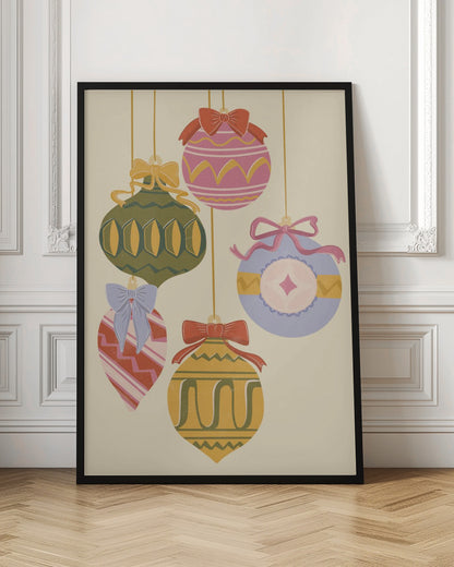 A vintage-style illustration of five colorful Christmas ornaments hanging against a cream background. Each uniquely shaped and patterned ornament is topped with a decorative bow, featuring a muted color palette of pink, green, yellow, red, and blue. Wall Art