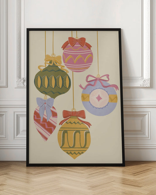 A vintage-style illustration of five colorful Christmas ornaments hanging against a cream background. Each uniquely shaped and patterned ornament is topped with a decorative bow, featuring a muted color palette of pink, green, yellow, red, and blue. Wall Art