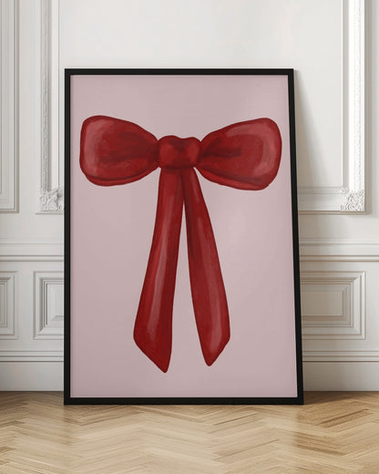A digital painting of a large, shiny red ribbon tied into a bow, centered against a solid light pink background. The artwork is shown within a thin black frame. Print