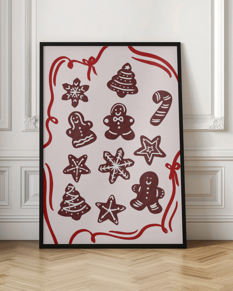An illustration of various gingerbread Christmas cookies, including gingerbread men, trees, stars, and a candy cane, decorated with white icing. The cookies are on a light pink background and framed by a red ribbon border. Wall Art