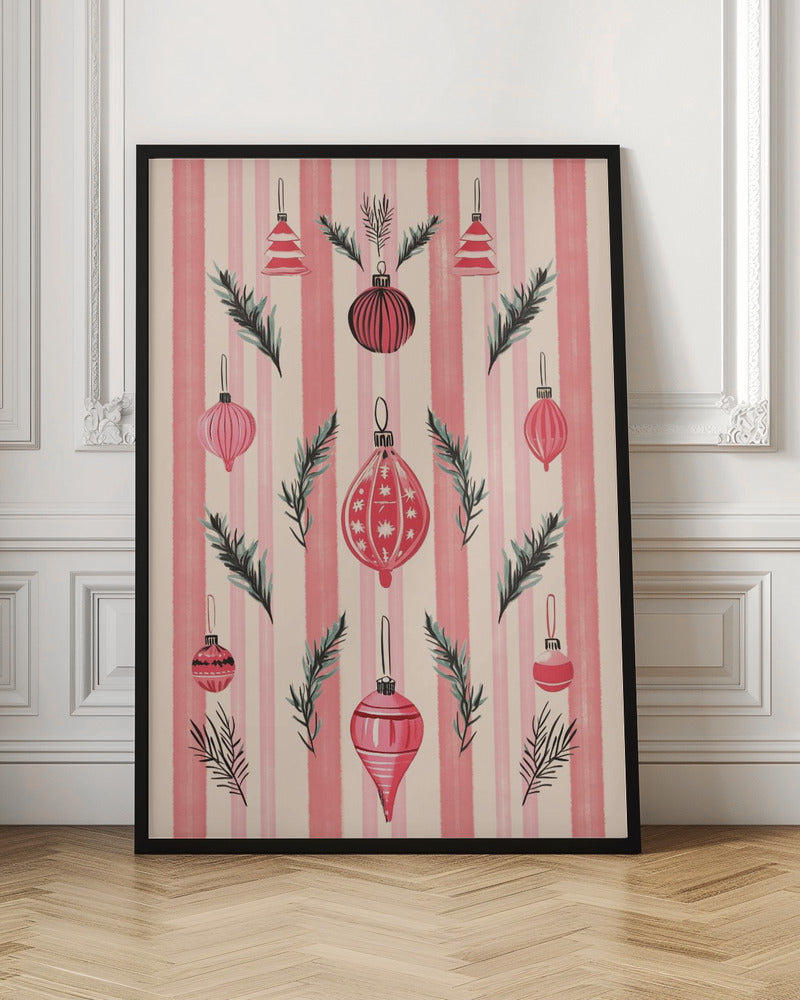 A framed art print with a festive pattern of various red and pink Christmas ornaments and pine sprigs. The background features vertical stripes in shades of pink and off-white, creating a cheerful, retro holiday aesthetic. Poster