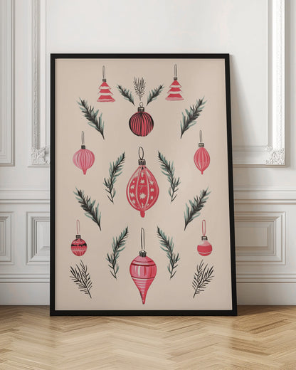 A framed art print featuring a symmetrical pattern of hand-painted red and pink Christmas ornaments and dark green pine sprigs against a cream-colored background. Poster
