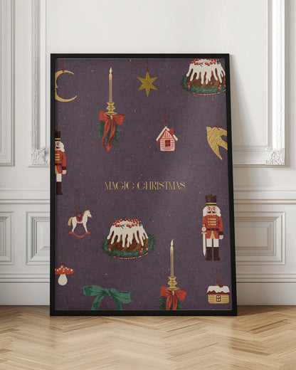 A vintage-style Christmas poster with a dark purple background featuring illustrations of festive items. Included are nutcracker soldiers, Christmas puddings, and hanging ornaments like a crescent moon, a star, a rocking horse, and candles. The words 'MAGIC CHRISTMAS' are written in the center in gold. Decor