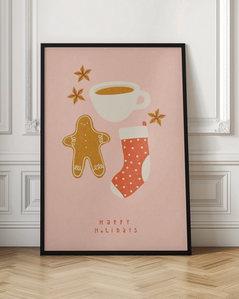 A festive illustration on a pink textured background featuring a gingerbread man, a cup of coffee, a red polka-dot Christmas stocking, and star anise spices. Below the items, the words 'HAPPY HOLIDAYS' are written in a simple red font. Print