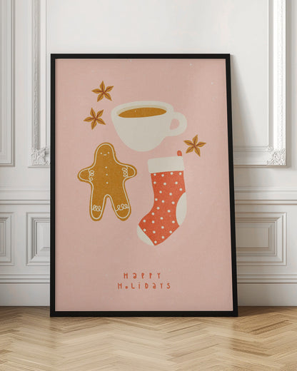 A festive illustration on a pink textured background featuring a gingerbread man, a cup of coffee, a red polka-dot Christmas stocking, and star anise spices. Below the items, the words 'HAPPY HOLIDAYS' are written in a simple red font. Print