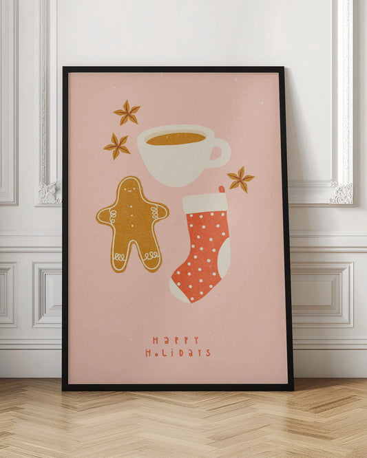 A festive illustration on a pink textured background featuring a gingerbread man, a cup of coffee, a red polka-dot Christmas stocking, and star anise spices. Below the items, the words 'HAPPY HOLIDAYS' are written in a simple red font. Print