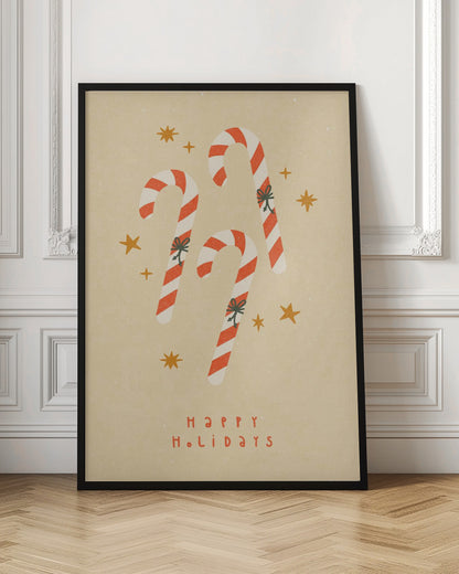 A vintage-style holiday illustration featuring three red and white striped candy canes with small bows, set against a speckled beige background with golden stars. Below the candy canes, the text 'HAPPY HOLIDAYS' is written in a simple red font. Poster