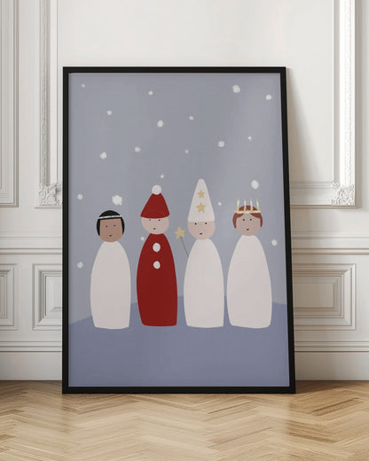 A whimsical illustration of four children dressed for a Saint Lucia procession, standing against a light blue background with falling snow. The figures are stylized with simple shapes, featuring a Lucia with a candle crown, a star boy with a pointed hat and star wand, and a gingerbread man or 'tomte' in red. Poster