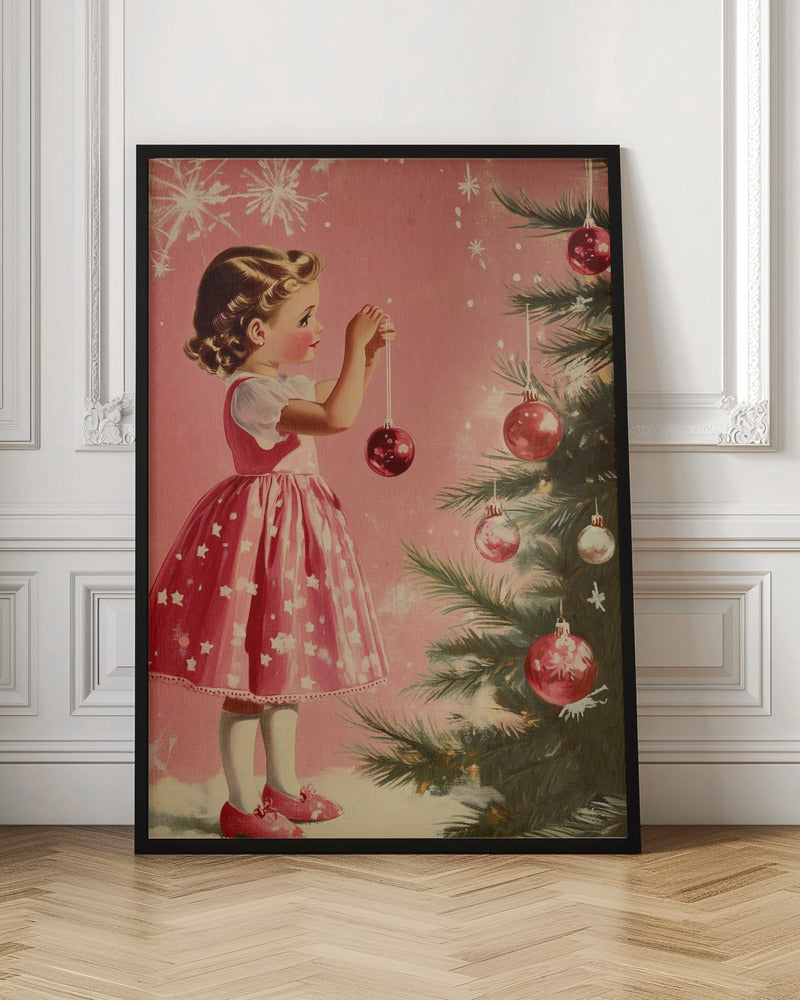 A vintage illustration of a young girl in a pink and white dress decorating a Christmas tree. She is carefully hanging a shiny red ornament on a branch against a soft pink background with snowflakes. Wall Art
