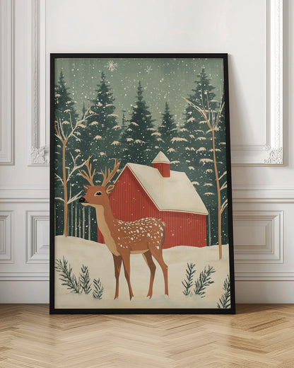 A stylized illustration of a serene winter scene featuring a spotted deer with antlers standing in the snow. In the background, a classic red barn with a snow-covered roof is nestled among a dense forest of dark green pine trees as snowflakes fall from a pale green sky. Poster