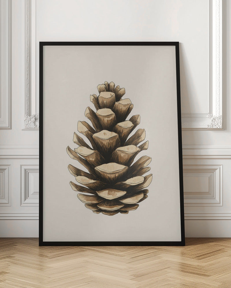A detailed watercolor and ink illustration of a single brown pinecone, centered against a light cream background and displayed in a thin black frame. Artwork