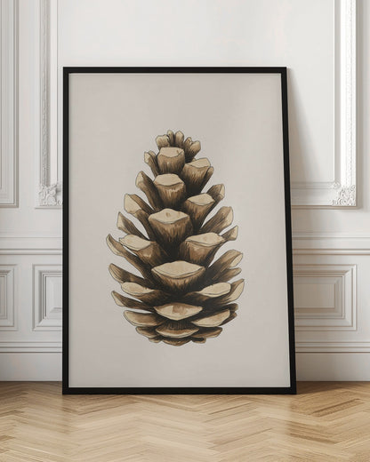 A detailed watercolor and ink illustration of a single brown pinecone, centered against a light cream background and displayed in a thin black frame. Artwork