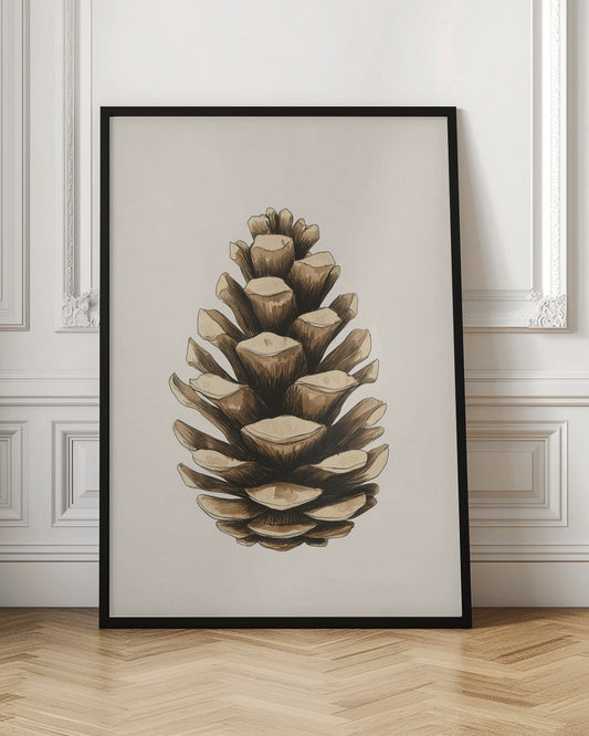 A detailed watercolor and ink illustration of a single brown pinecone, centered against a light cream background and displayed in a thin black frame. Artwork