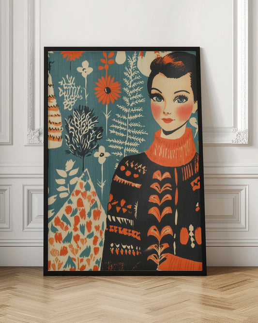 A vintage-style illustration of a woman with short dark hair and blue eyes wearing a black and orange patterned turtleneck sweater. The background is a teal color with a folk art pattern of flowers and plants in orange, white, and black. Poster