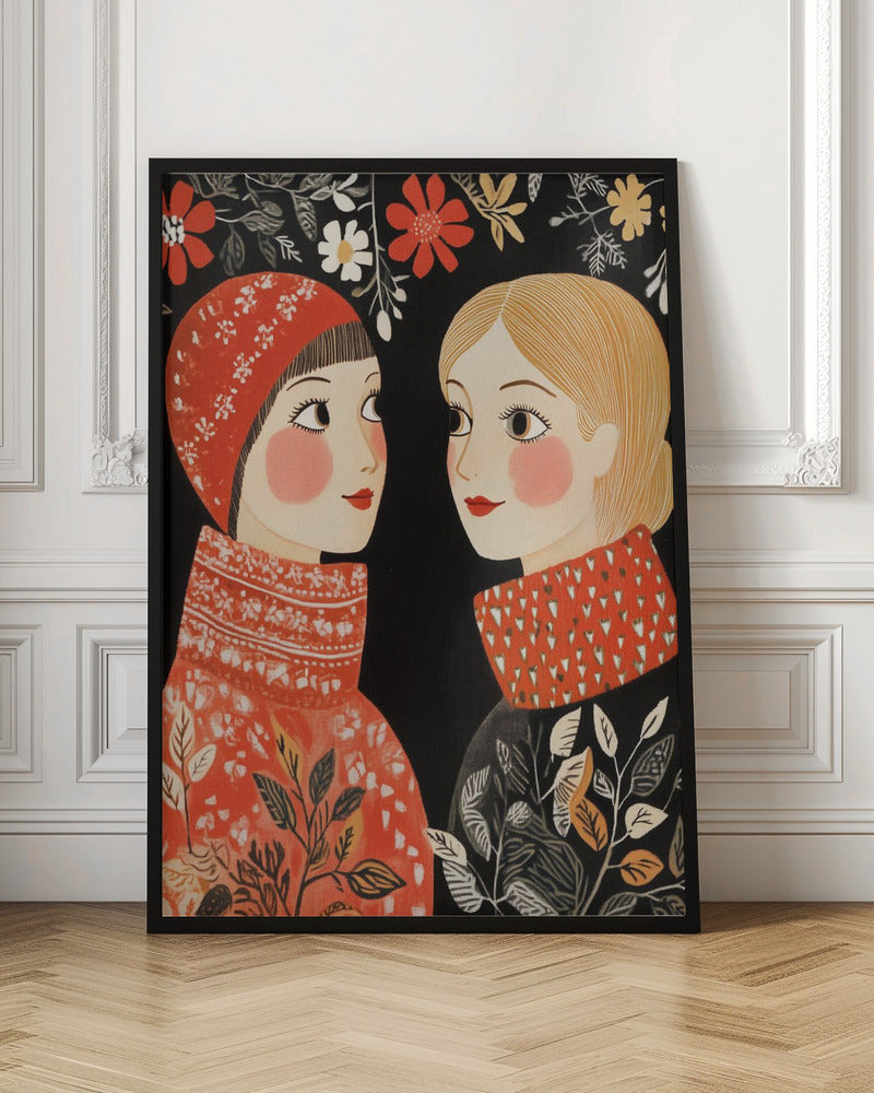 An illustrative folk art style portrait of two women facing each other against a black background. The woman on the left wears a red patterned cap and sweater, while the one on the right has blonde hair and a sweater with a red patterned collar. Red, white, and yellow flowers hang above them. Print