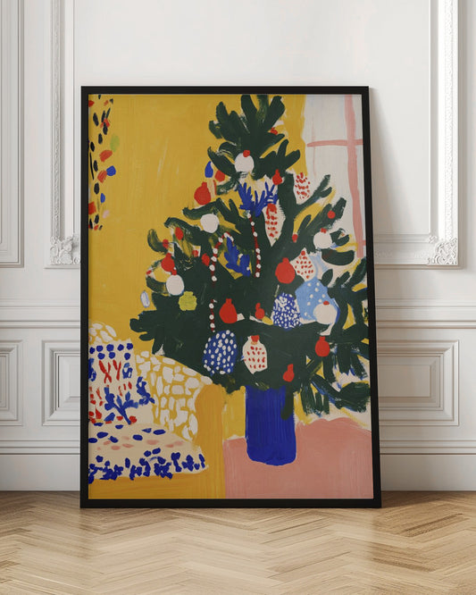 A vibrant, modern painting of a decorated Christmas tree in an expressive, painterly style. The dark green tree, adorned with red, white, and blue ornaments, stands in a cobalt blue vase against a bright yellow wall, with a patterned chair in the foreground. Artwork