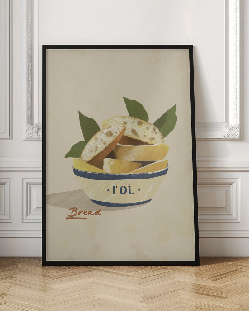 A poster or art print featuring a loaf of bread, possibly with a textured crust and a warm tone. Print