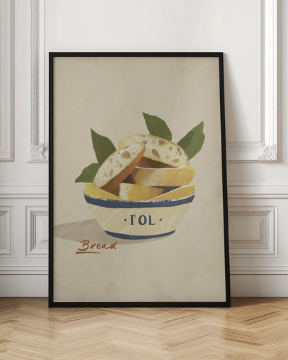 A poster or art print featuring a loaf of bread, possibly with a textured crust and a warm tone. Print