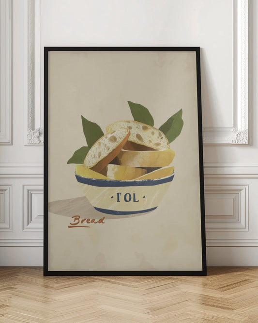 A poster or art print featuring a loaf of bread, possibly with a textured crust and a warm tone. Print