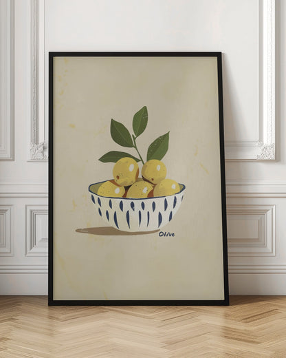 A framed still life illustration of a white bowl with a blue vertical dash pattern, filled with yellow lemons and a leafy green branch. The artwork is set against a textured, cream-colored background and is signed 'Olive' near the bowl. Print