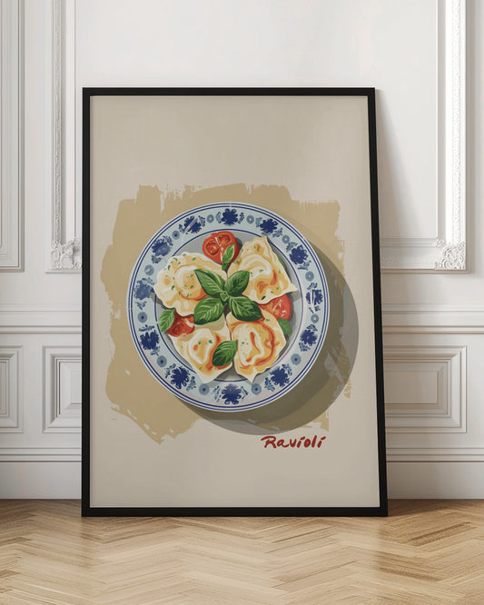 A vintage-style illustration of a plate of ravioli garnished with fresh basil and cherry tomatoes. The dish is served on a decorative blue and white patterned plate against a cream and beige background. The word 'Ravioli' is written in a cursive script at the bottom right. Print