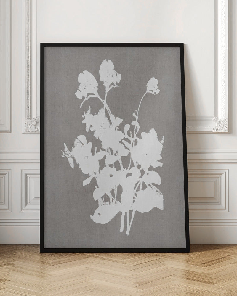 A minimalist piece of framed wall art featuring a stark white silhouette of a bouquet of flowers against a textured, solid gray background, enclosed in a thin black frame. Print