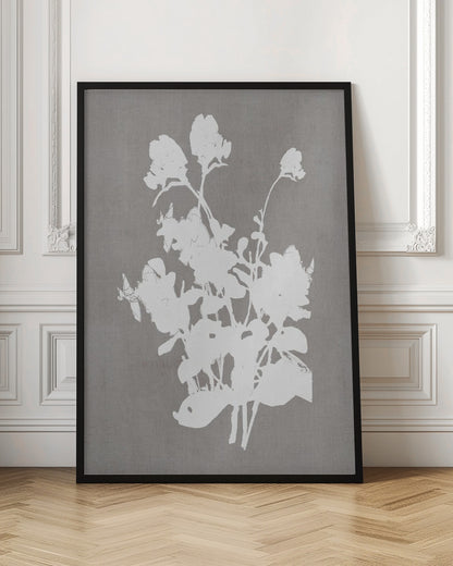 A minimalist piece of framed wall art featuring a stark white silhouette of a bouquet of flowers against a textured, solid gray background, enclosed in a thin black frame. Print