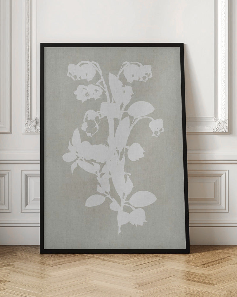 A minimalist botanical artwork in a black frame, showing a white silhouette of a Lily of the Valley stalk against a muted, textured grey-beige background. Wall Art