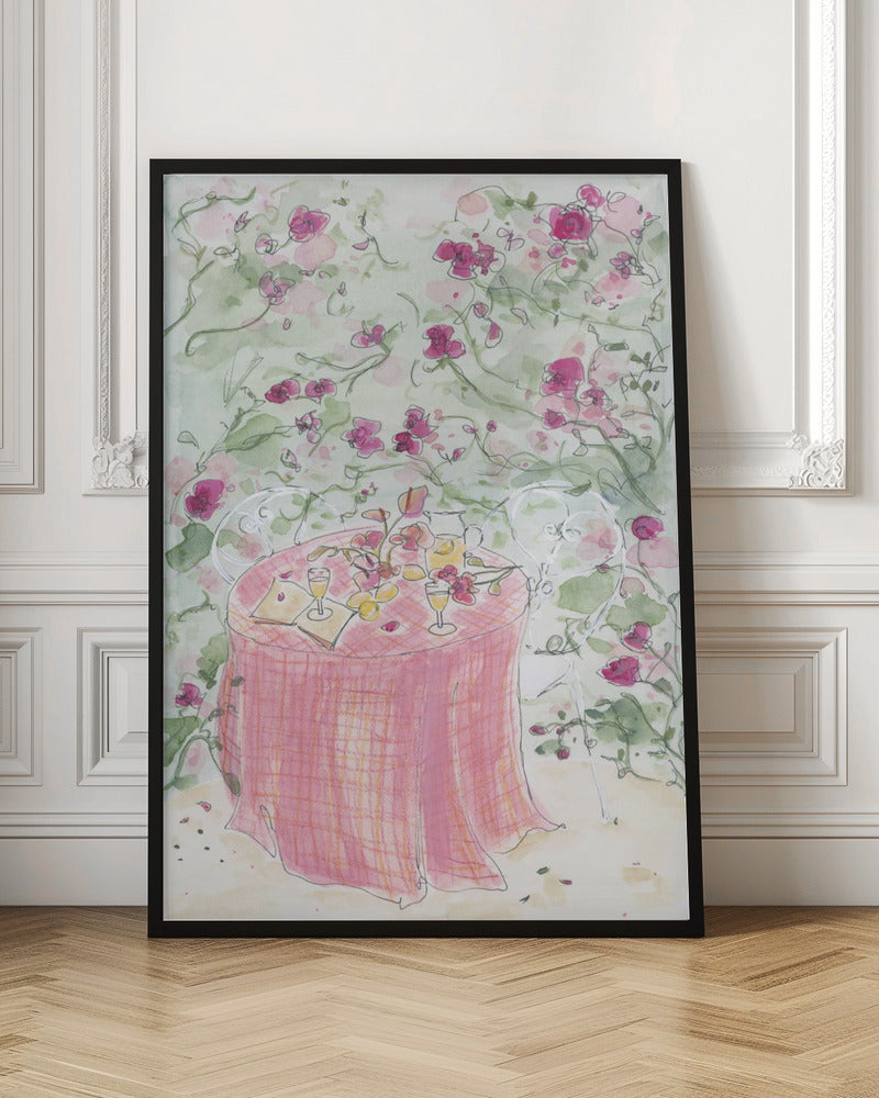A whimsical watercolor illustration of a romantic garden scene. A table for two is set with a pink plaid tablecloth, glasses of wine, and scattered flowers, surrounded by white chairs and a backdrop of climbing pink roses. Poster
