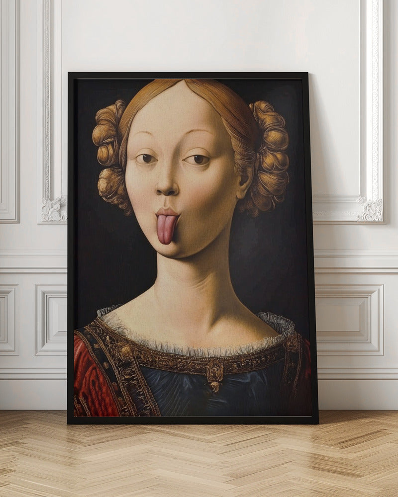 A Renaissance-style portrait of a woman with elaborate hair buns sticking her tongue out playfully. She wears a formal red and blue gown with gold trim against a stark black background. Poster