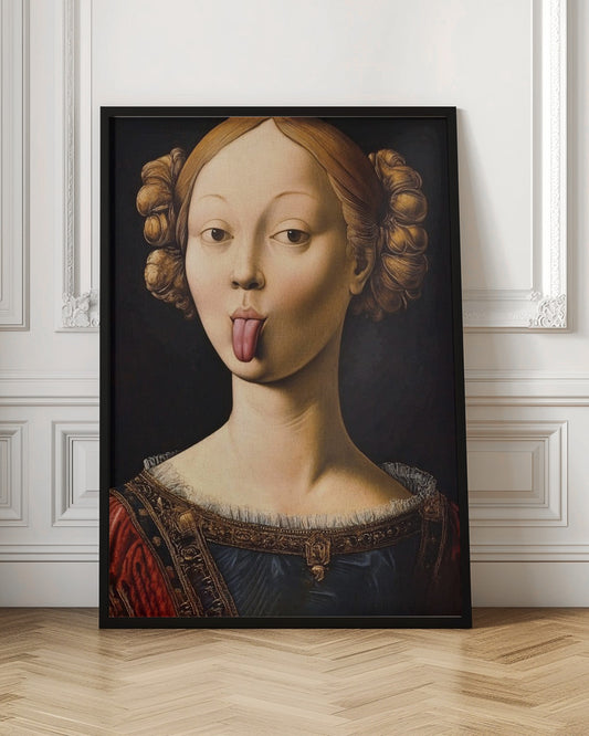 A Renaissance-style portrait of a woman with elaborate hair buns sticking her tongue out playfully. She wears a formal red and blue gown with gold trim against a stark black background. Poster