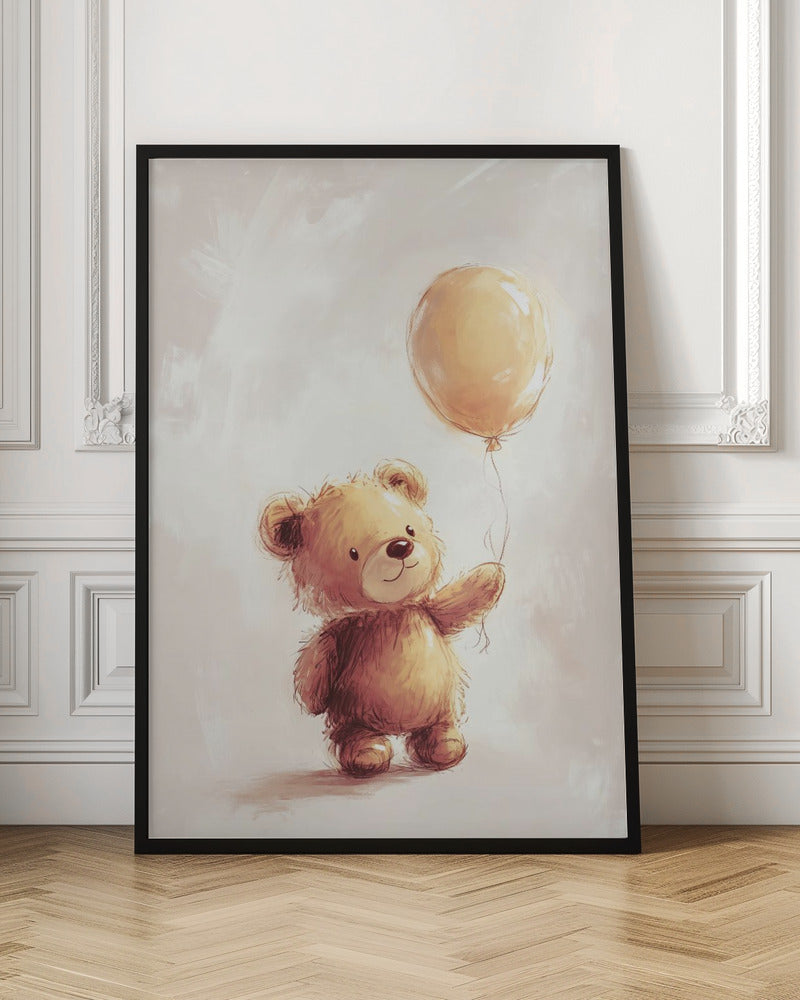 A charming watercolor-style illustration of a fluffy brown teddy bear standing and holding the string of a single yellow balloon against a soft, light beige background. Artwork