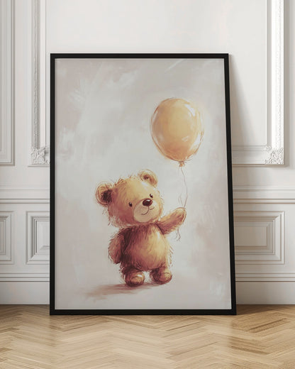 A charming watercolor-style illustration of a fluffy brown teddy bear standing and holding the string of a single yellow balloon against a soft, light beige background. Artwork