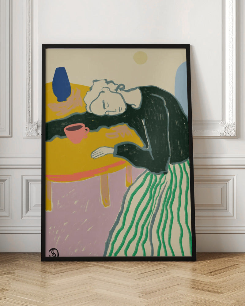 A colorful illustration of a person with light-colored hair wearing a dark shirt and a green striped skirt, resting their head on a bright yellow table. A pink cup and a blue vase are also on the table against a multi-colored background. Print
