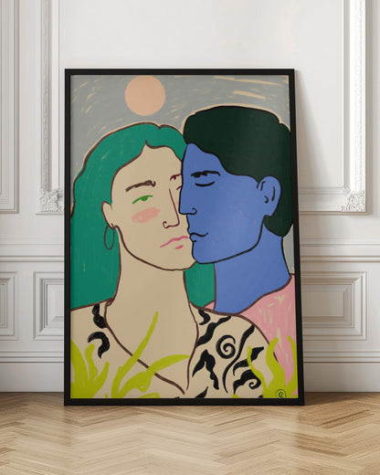 A modern art painting of a couple in an embrace. A woman with long green hair looks forward with a pensive expression, while a man with blue skin and dark hair leans in to kiss her cheek. The background is a soft blue with a pale pink sun, and green foliage is in the foreground. Artwork